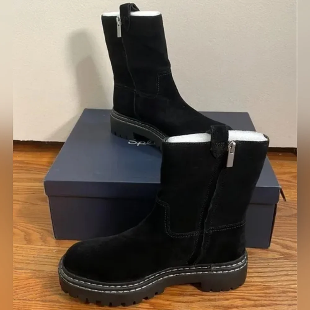 Splendid Adria Sleek Black Genuine Suede Leather Combat Boot Chunky Winter Boots